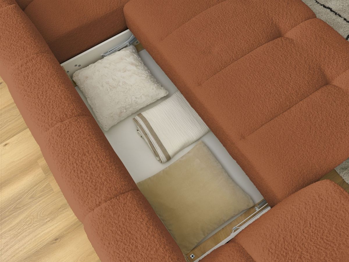 Bobochic Fuji Ecksofa mit Schlaffunktion und Bettkasten und Pouf 282 × 204 cm Bouclé-Stoff Orange Ecke rechts
