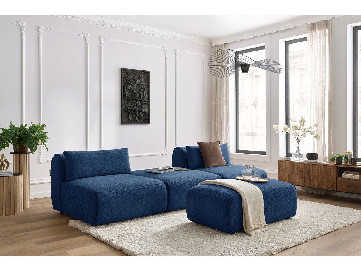 Bobochic Jeanne Sofa 4-Sitzer mit Pouf Strukturstoff Dunkelblau