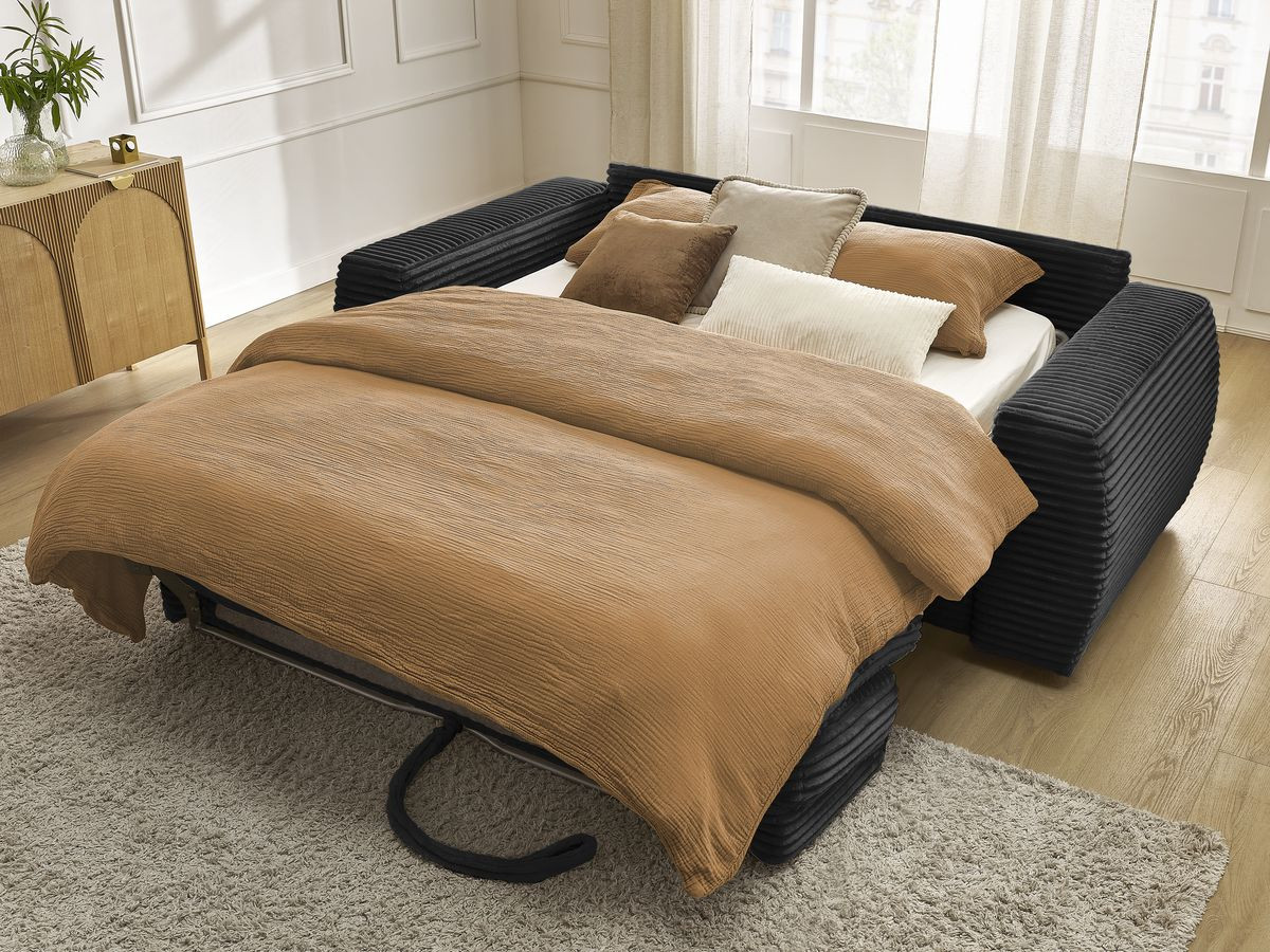 Bobochic Hugo Schlafsofa 3-Sitzer Cordsamt Schwarz, Liegefläche 140 × 190 cm