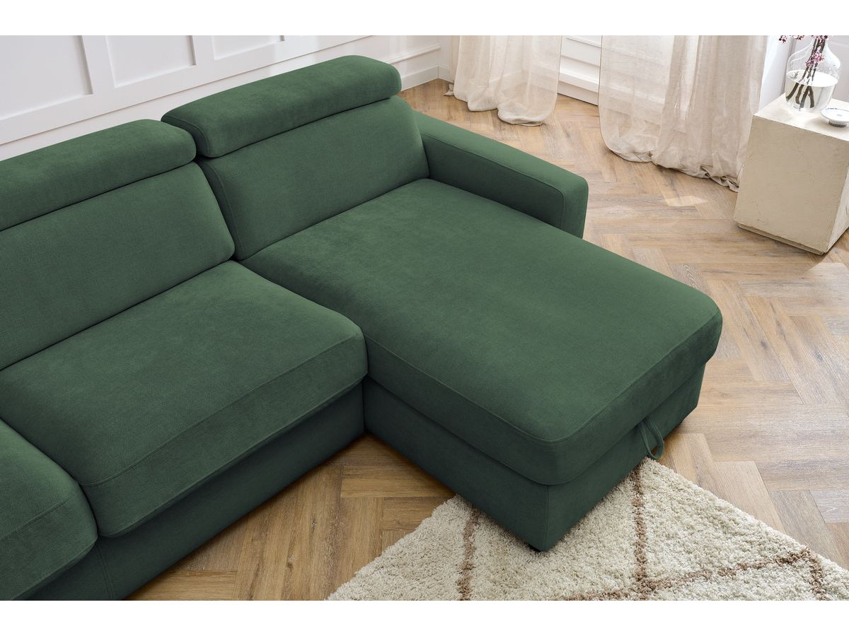 Bobochic Monaco Ecksofa mit Schlaffunktion und Bettkasten Stoff Grün, Liegefläche 140 × 190 cm