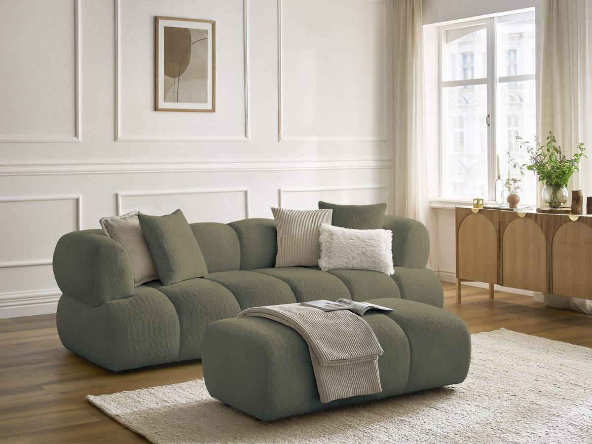 Bobochic Pamira Sofa 3-Sitzer mit Pouf Bouclé-Stoff Grün