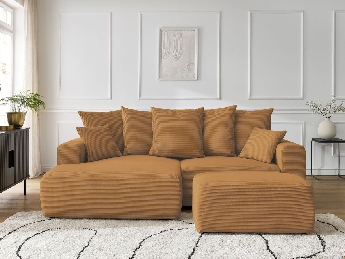 Bobochic Atilla Ecksofa mit Schlaffunktion und Bettkasten und Pouf Cordsamt Gelb Ecke links