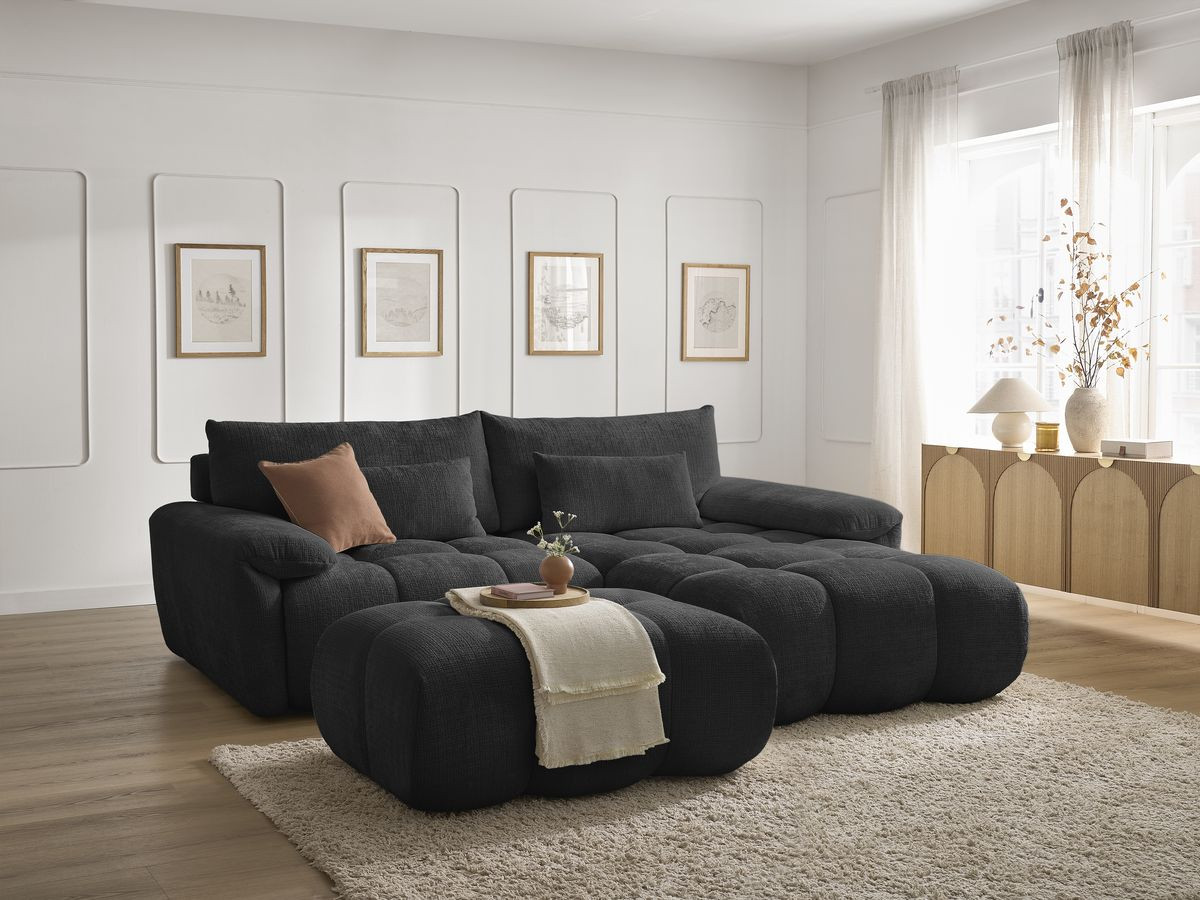 Bobochic Ivane Ecksofa mit Pouf Strukturstoff Schwarz Ecke rechts