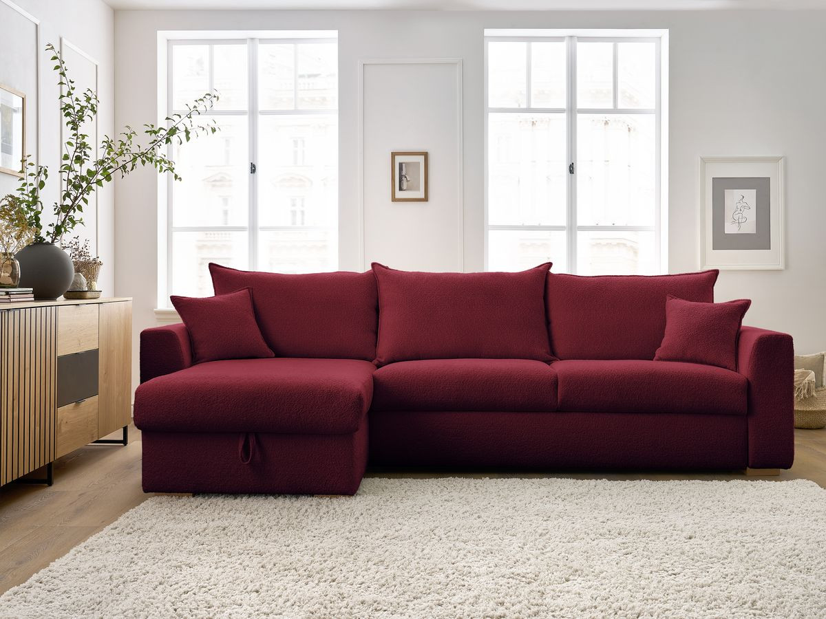 Bobochic Augustin Ecksofa mit Schlaffunktion und Bettkasten Bouclé-Stoff Rot, Liegefläche 160 × 200 cm