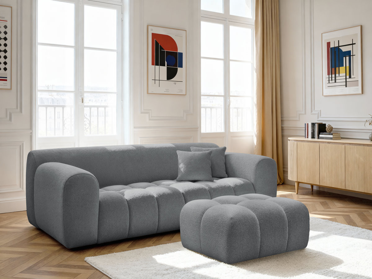 Bobochic Melisse Sofa 3-Sitzer mit Pouf Melange-Stoff Dunkelgrau