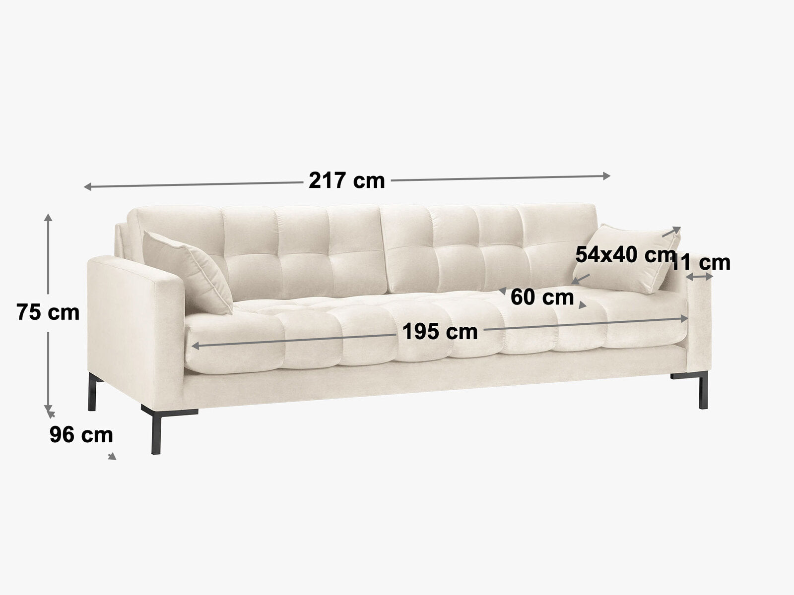 Micadoni Sofa Mamaia 4-Sitzer Samt Bluvel Hellgrau schwarze Beine