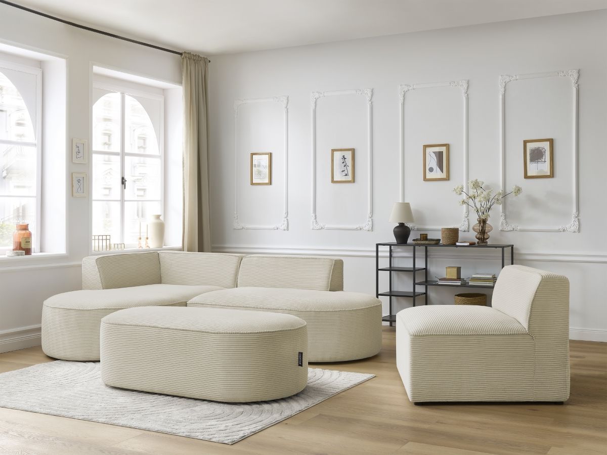 Bobochic Rousseau Ecksofa mit Sofamodul und Pouf Cordsamt Beige Ecke links