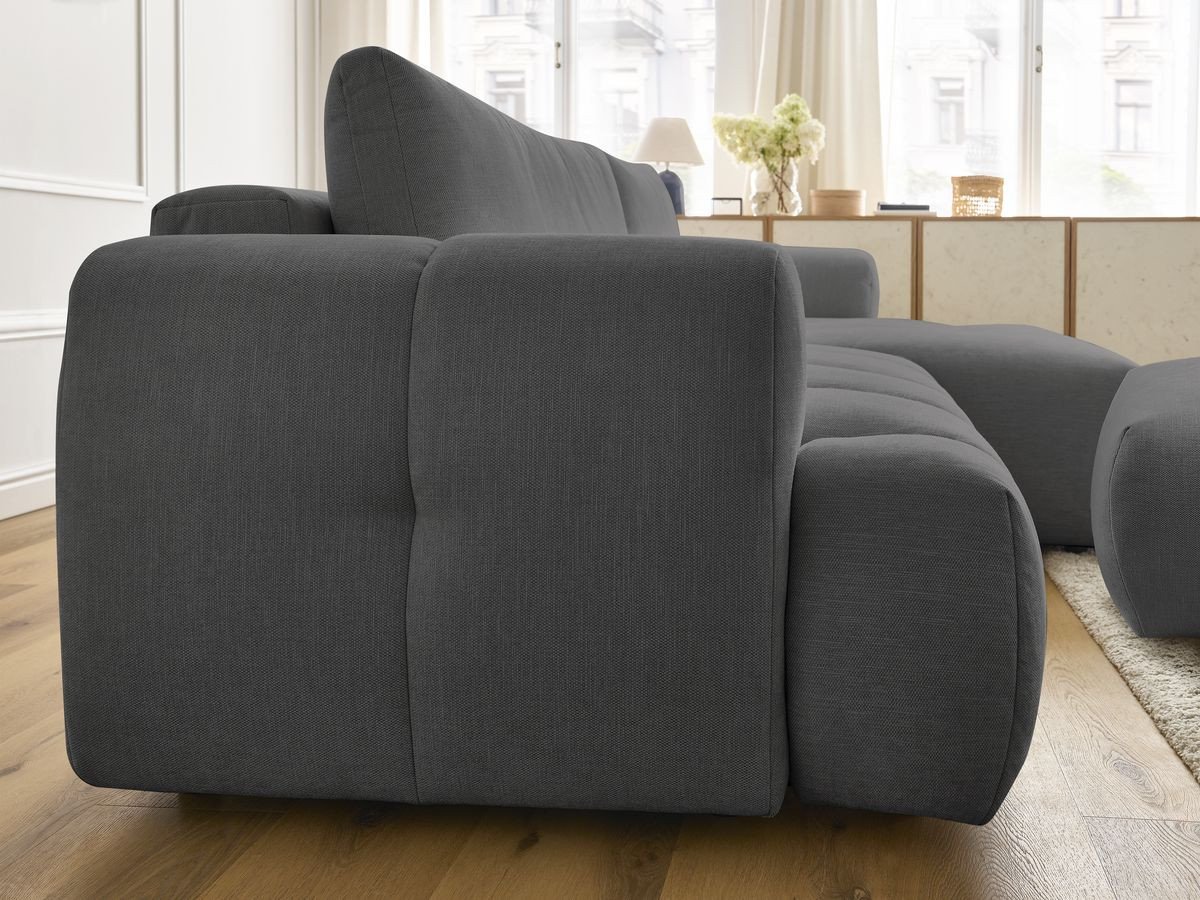 Bobochic Fuji Ecksofa mit Schlaffunktion und Bettkasten und Pouf 292 × 160 cm Stoff Dunkelgrau Ecke rechts