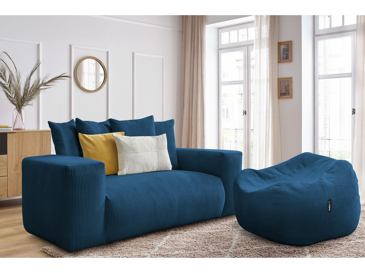Bobochic Voltaire Sofa 2-Sitzer mit Pouf Cordsamt Dunkelblau