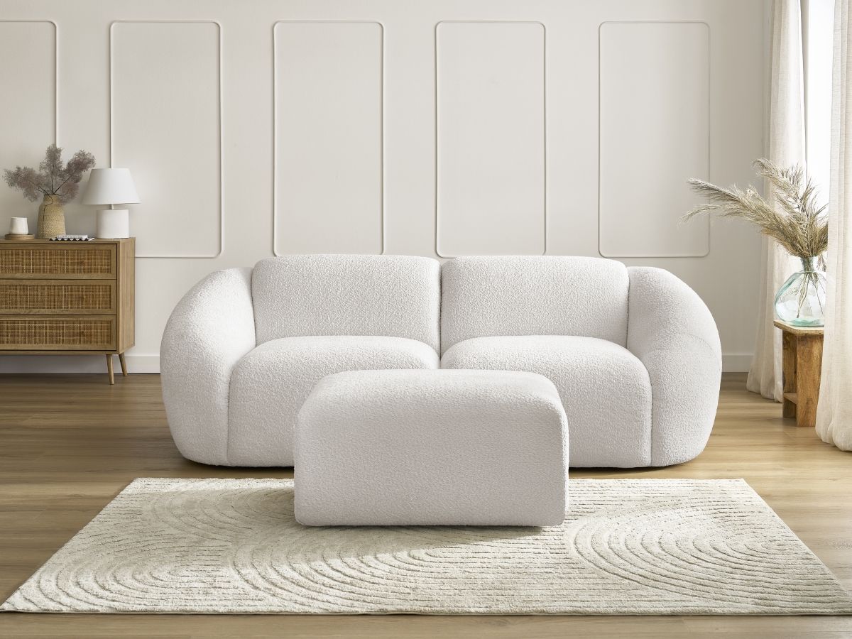 Bobochic Tina Sofa 3-Sitzer mit Pouf Bouclé-Stoff Weiß