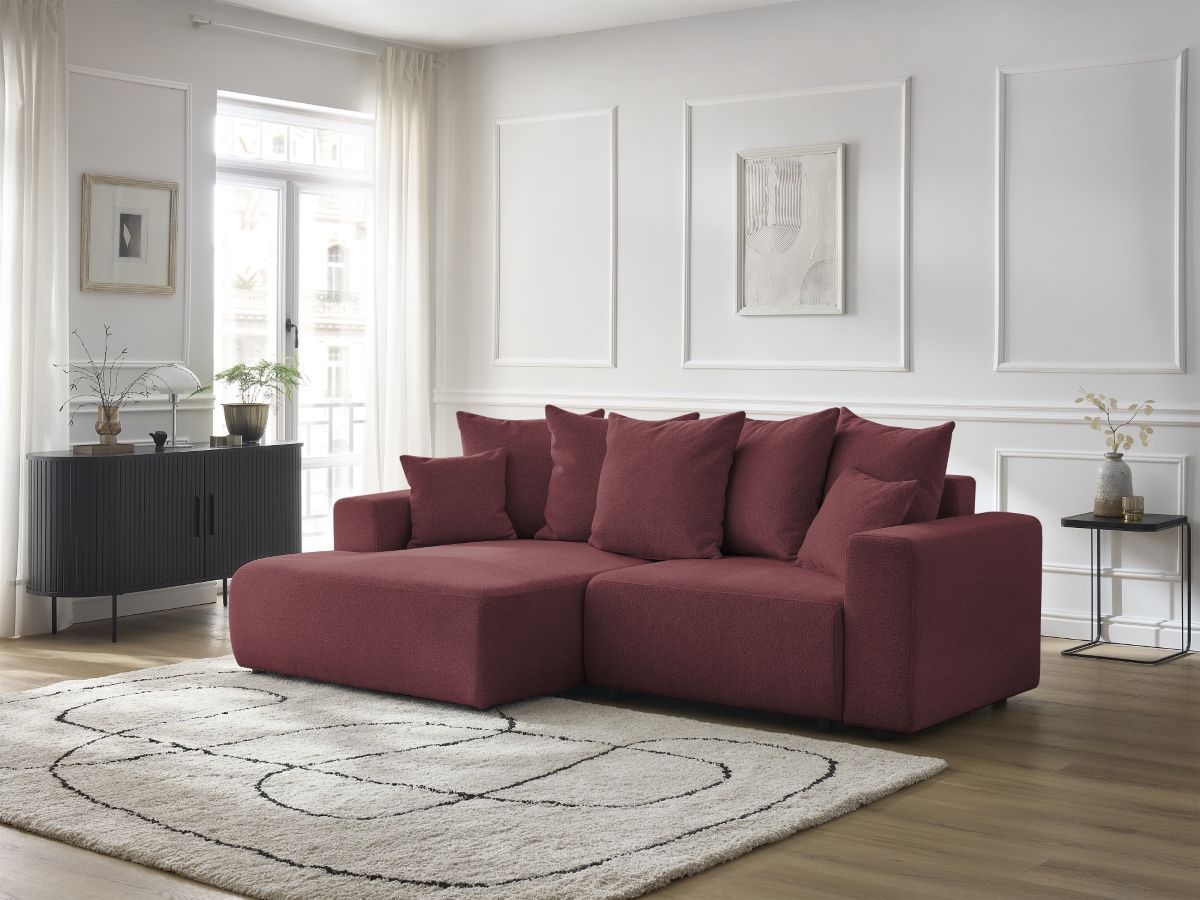 Bobochic Atilla Ecksofa mit Schlaffunktion und Bettkasten Melange-Stoff Rot Ecke links