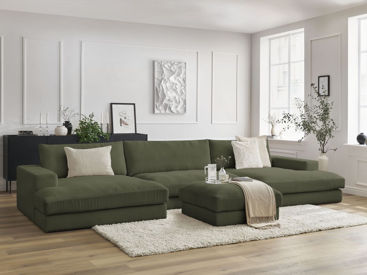 Bobochic Leonard Wohnlandschaft mit Pouf 349 × 159 cm Cordsamt Hellgrün