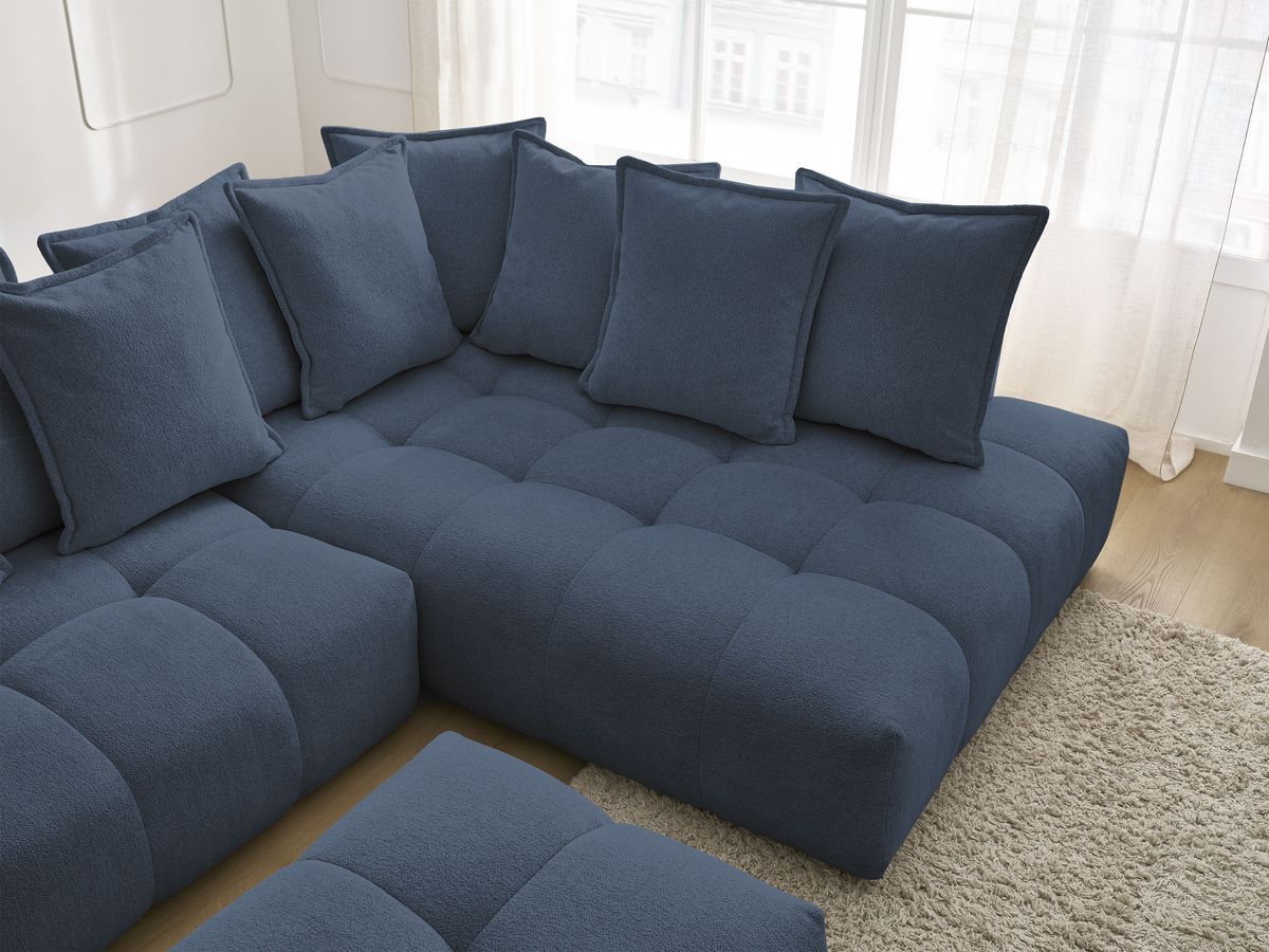 Bobochic Everest Ecksofa mit Schlaffunktion und Bettkasten und Pouf 320 × 212 cm, 10 Kissen Melange-Stoff Dunkelblau Ecke rechts