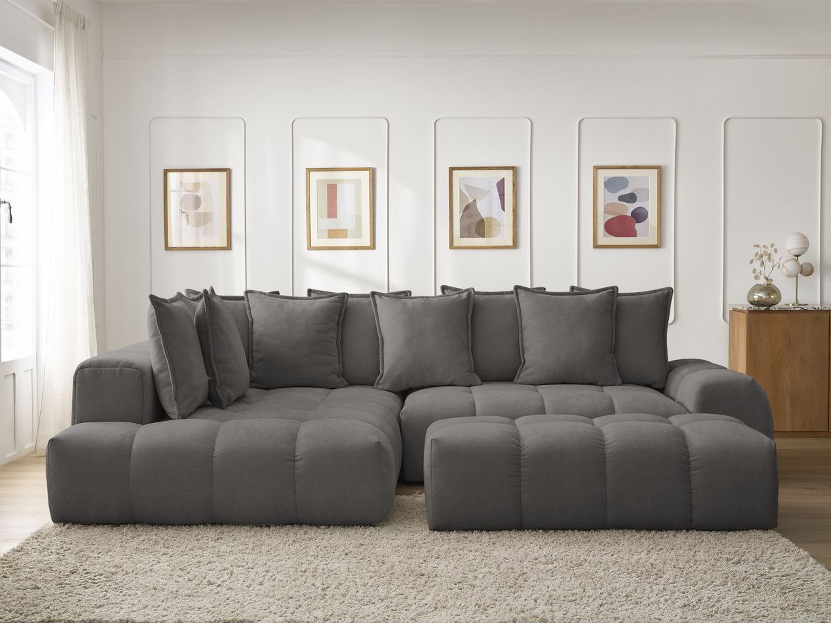 Bobochic Everest Ecksofa mit Schlaffunktion und Bettkasten und Pouf 320 × 212 cm, 10 Kissen Strukturstoff Dunkelgrau Ecke links
