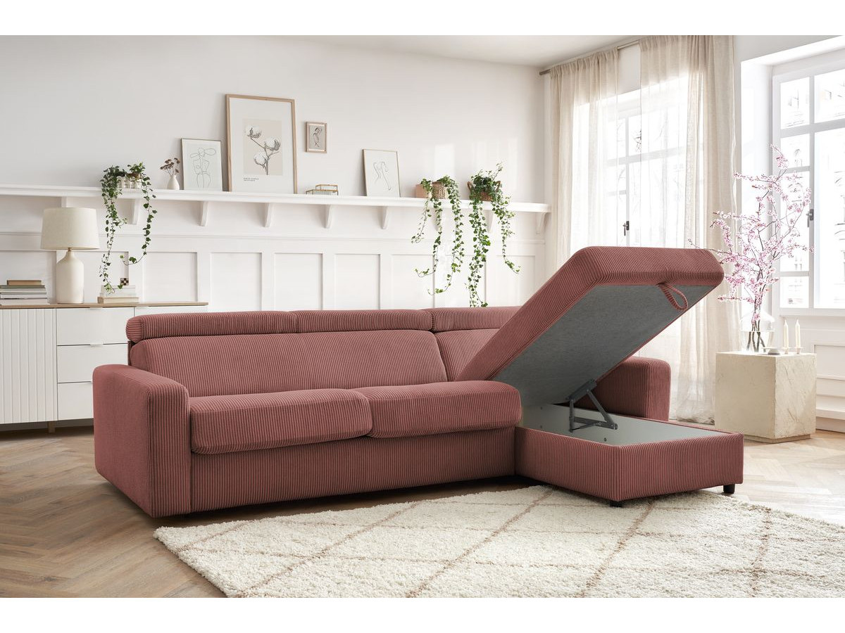 Bobochic Monaco Ecksofa mit Schlaffunktion und Bettkasten Cordsamt Rosa, Liegefläche 140 × 190 cm