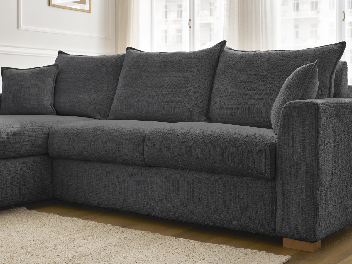 Bobochic Augustin Ecksofa mit Schlaffunktion und Bettkasten Strukturstoff Schwarz, Liegefläche 140 × 200 cm