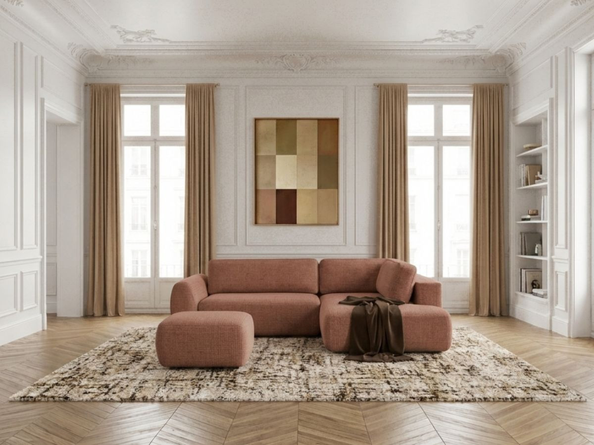 Bobochic Denise Ecksofa mit Schlaffunktion und Bettkasten und Pouf 256 × 197 cm Strukturstoff Orange Ecke rechts