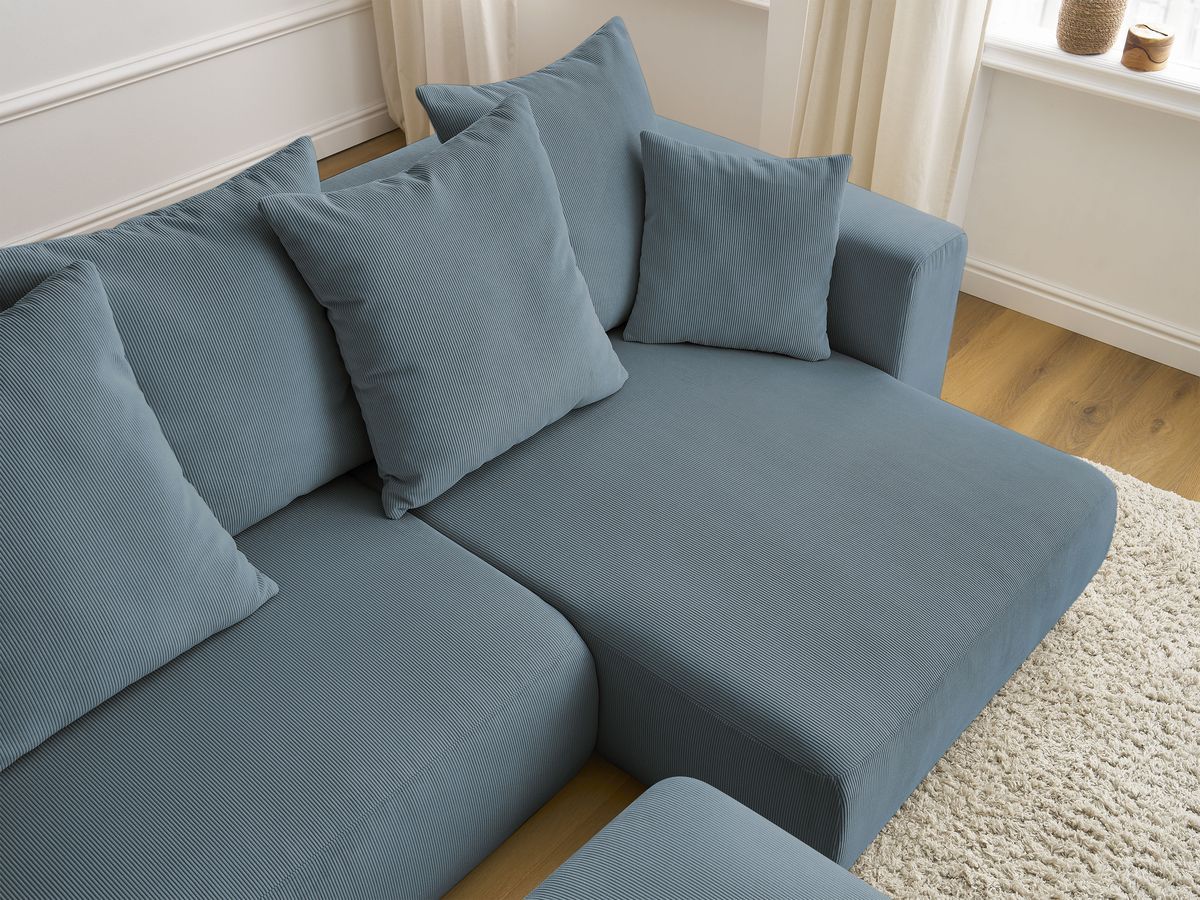 Bobochic Sidonie Ecksofa mit Schlaffunktion und Bettkasten und Pouf Cordsamt Dunkelblau
