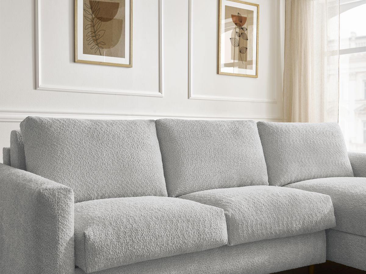 Bobochic Cocoone Ecksofa mit Schlaffunktion und Bettkasten Bouclé-Stoff Hellgrau, Liegefläche 160 × 200 cm