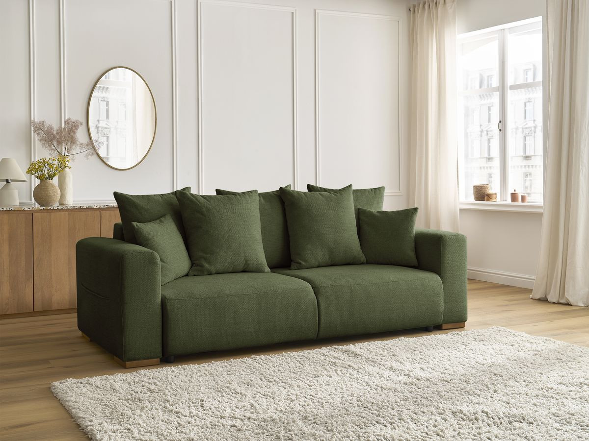 Bobochic Sidonie Schlafsofa 3-Sitzer mit Bettkasten Melange-Stoff Grün