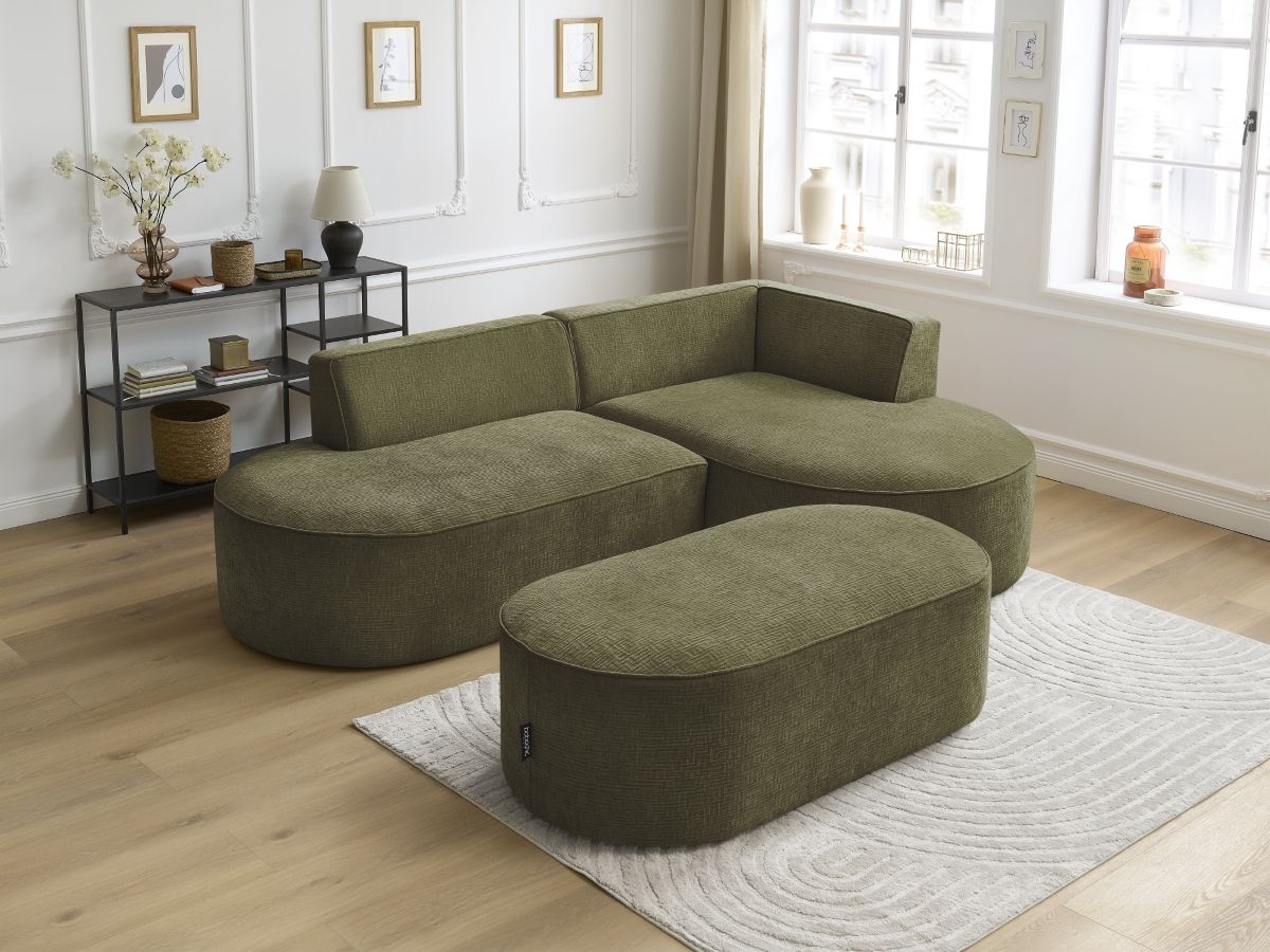 Bobochic Rousseau Ecksofa mit Pouf Strukturstoff Grün Ecke rechts
