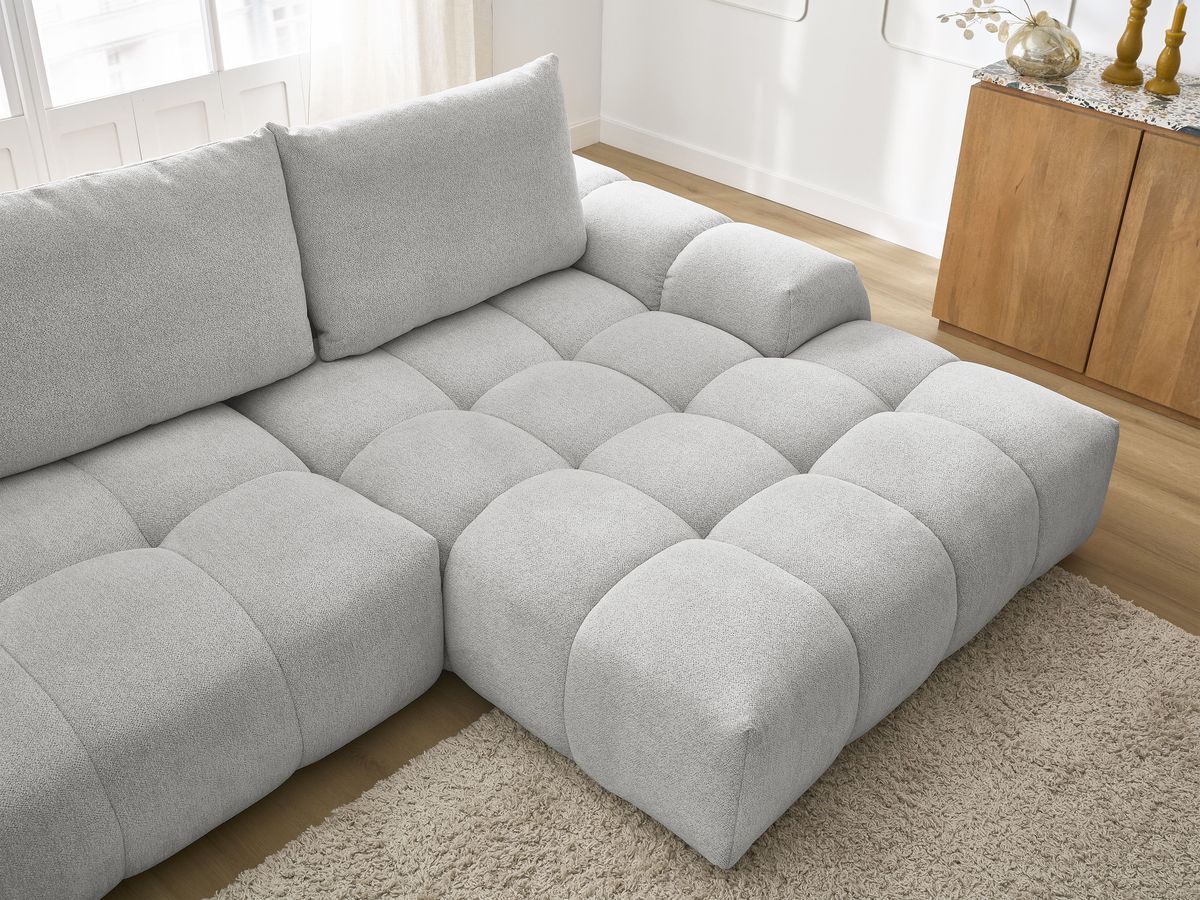 Bobochic Everest Ecksofa mit Schlaffunktion und Bettkasten 318 × 180 cm, 3 Kissen Melange-Stoff Hellgrau Ecke rechts