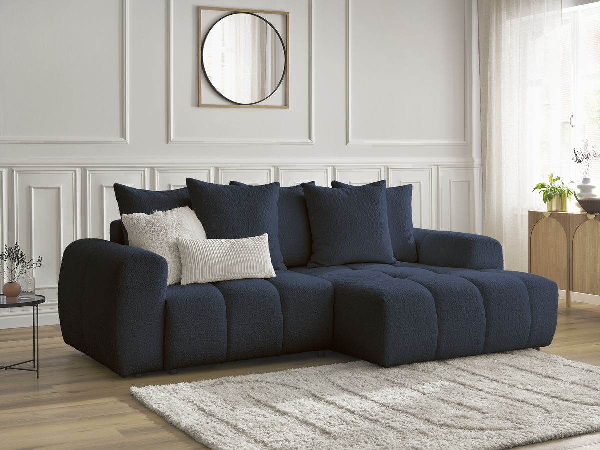 Bobochic Roxelane Ecksofa mit Schlaffunktion und Bettkasten 258 × 150 cm Bouclé-Stoff Dunkelblau Ecke rechts