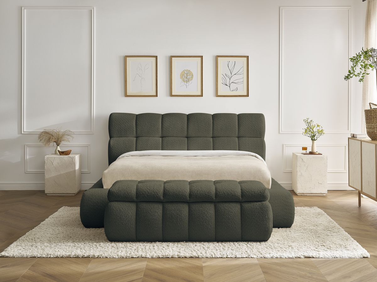 Bobochic Mont-blanc Polsterbett mit Bettkasten mit Bettbank Bouclé-Stoff Grün, Liegefläche 160 × 200 cm