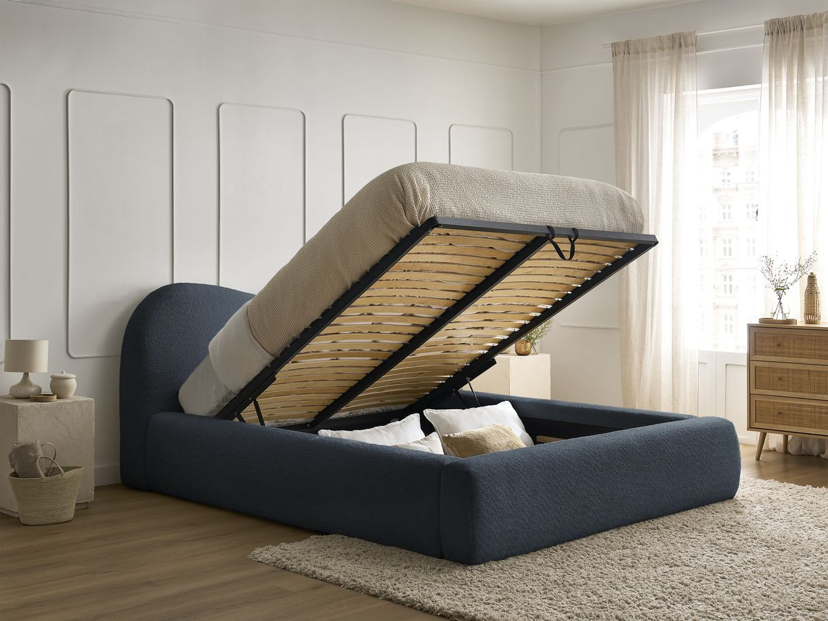 Bobochic Orlane Polsterbett mit Bettkasten Bouclé-Stoff Dunkelblau, Liegefläche 140 × 190 cm