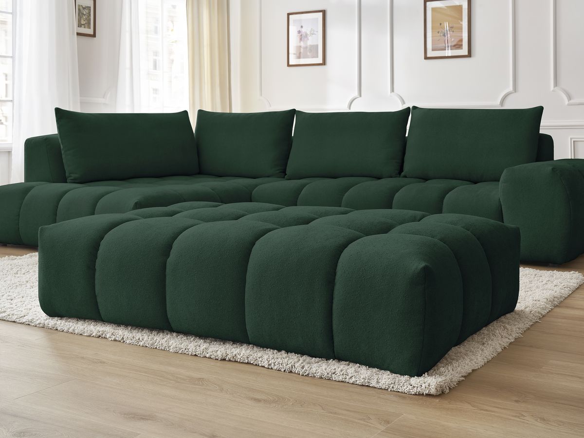 Bobochic Everest Ecksofa mit Schlaffunktion und Pouf, 4 Kissen Strukturstoff Grün Ecke links