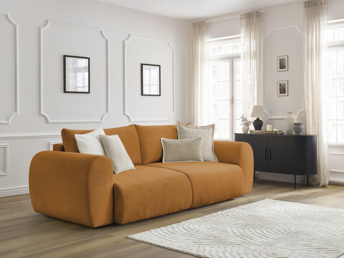 Bobochic Lucien Schlafsofa 3-Sitzer mit Bettkasten Stoff Gelb