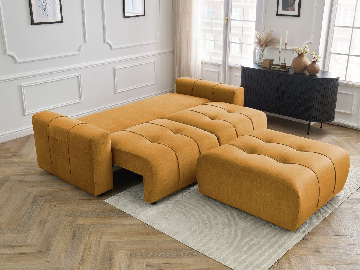 Bobochic Arsene Schlafsofa 4-Sitzer mit Bettkasten und Pouf Samt Gelb