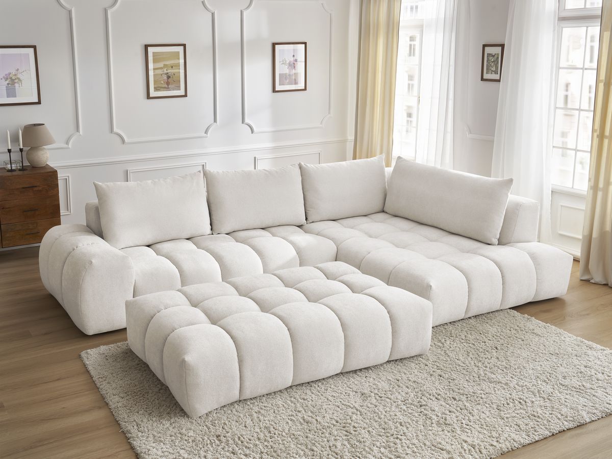 Bobochic Everest Ecksofa mit Schlaffunktion und Pouf, 4 Kissen Strukturstoff Weiß Ecke rechts