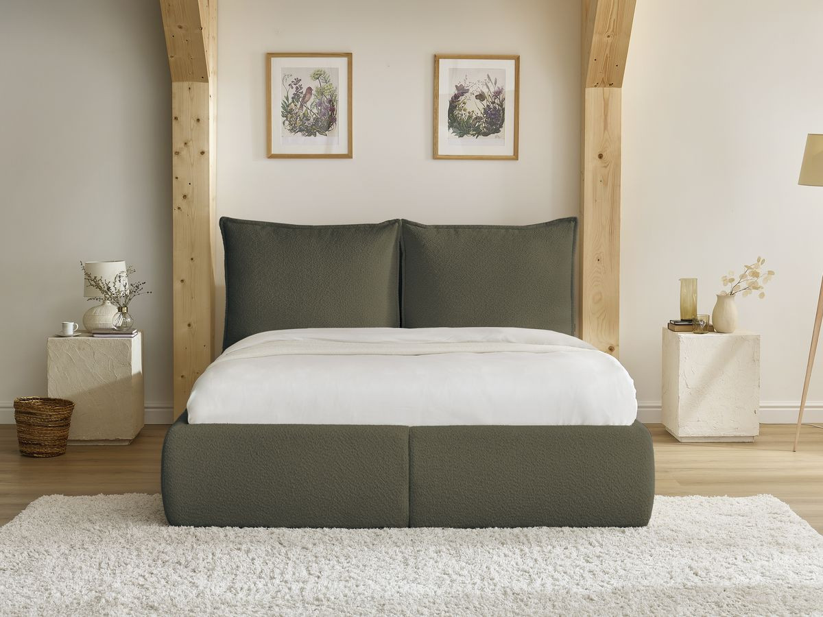 Bobochic Garance Polsterbett mit Bettkasten Bouclé-Stoff Grün, Liegefläche 140 × 190 cm