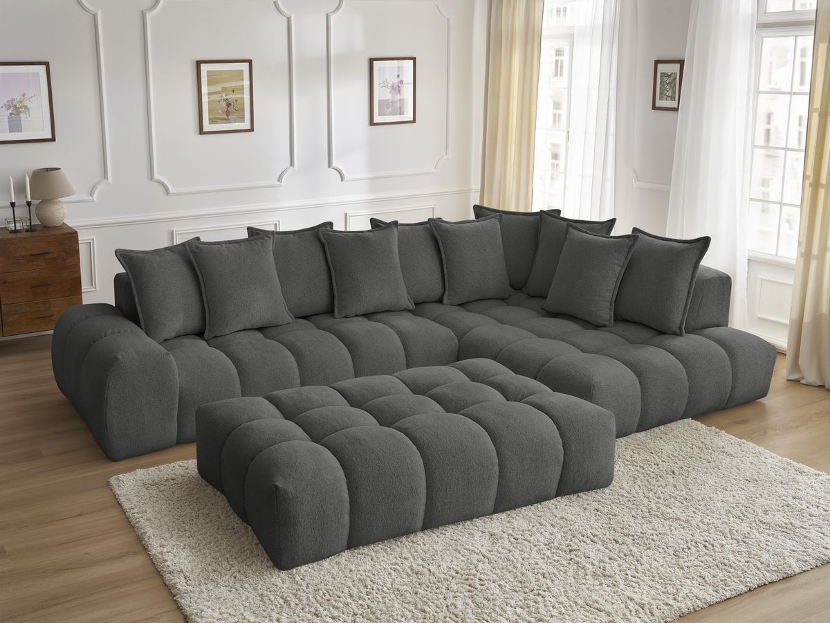 Bobochic Everest Ecksofa mit Schlaffunktion und Pouf, 10 Kissen Melange-Stoff Dunkelgrau Ecke rechts