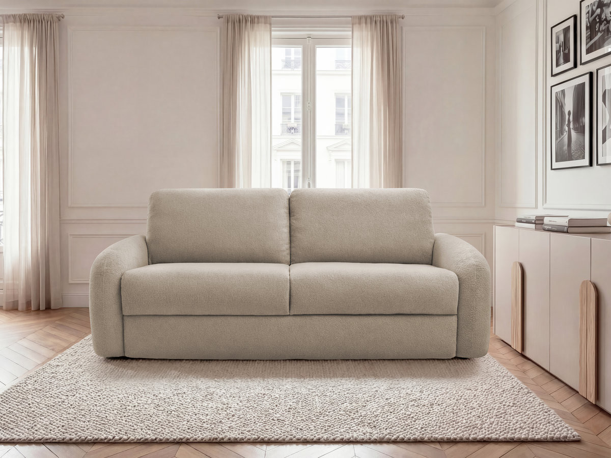 Bobochic Kenan Schlafsofa 3-Sitzer Bouclé-Stoff Beige, Liegefläche 140 × 196 cm