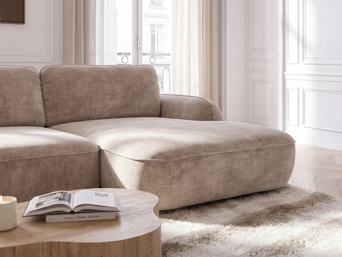 Bobochic Celeste Ecksofa mit Schlaffunktion und Bettkasten Stoff Beige Ecke rechts