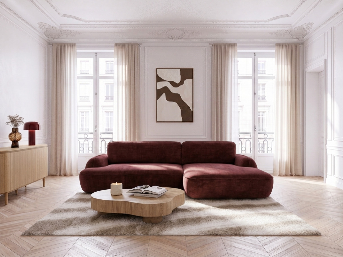 Bobochic Celeste Ecksofa mit Schlaffunktion und Bettkasten Stoff Rot Ecke rechts