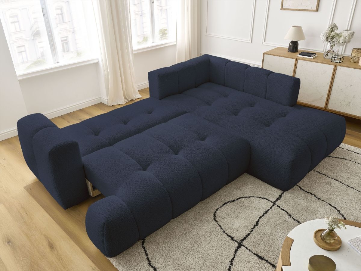 Bobochic Fuji Ecksofa mit Schlaffunktion und Bettkasten 282 × 204 cm Bouclé-Stoff Dunkelblau Ecke rechts