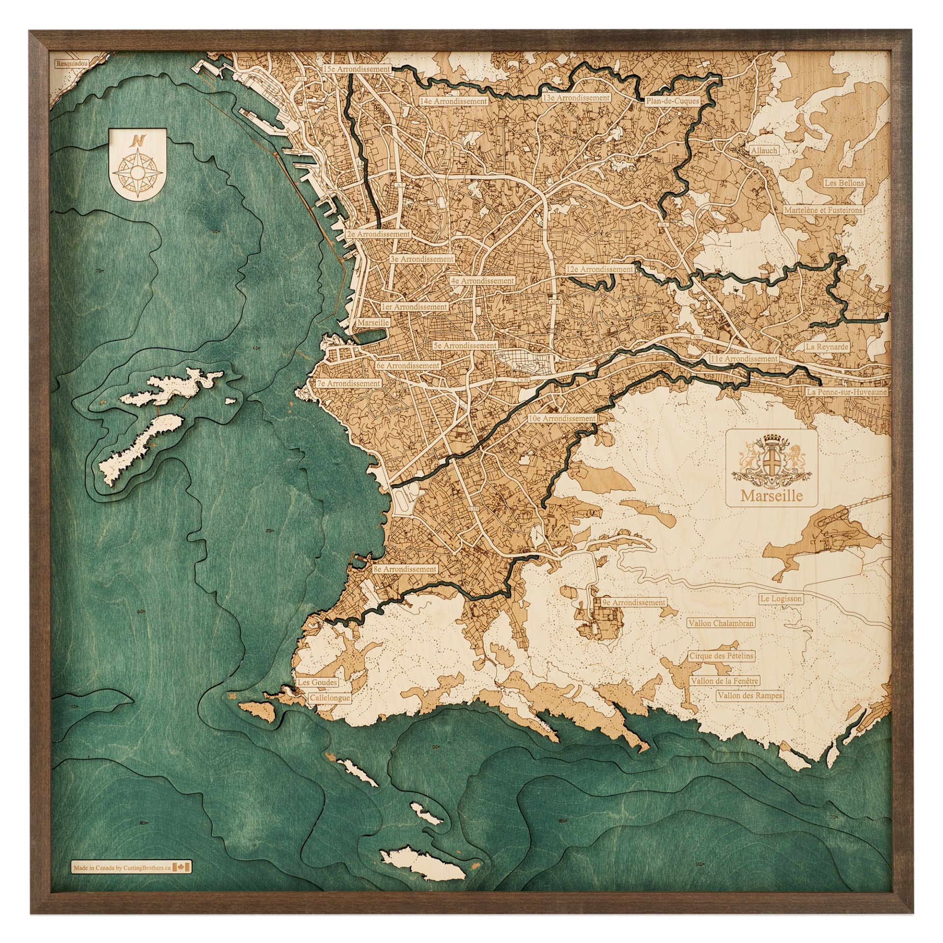 Cutting Brothers 3D Holz-Wandkarte Marseille 76x76 cm
