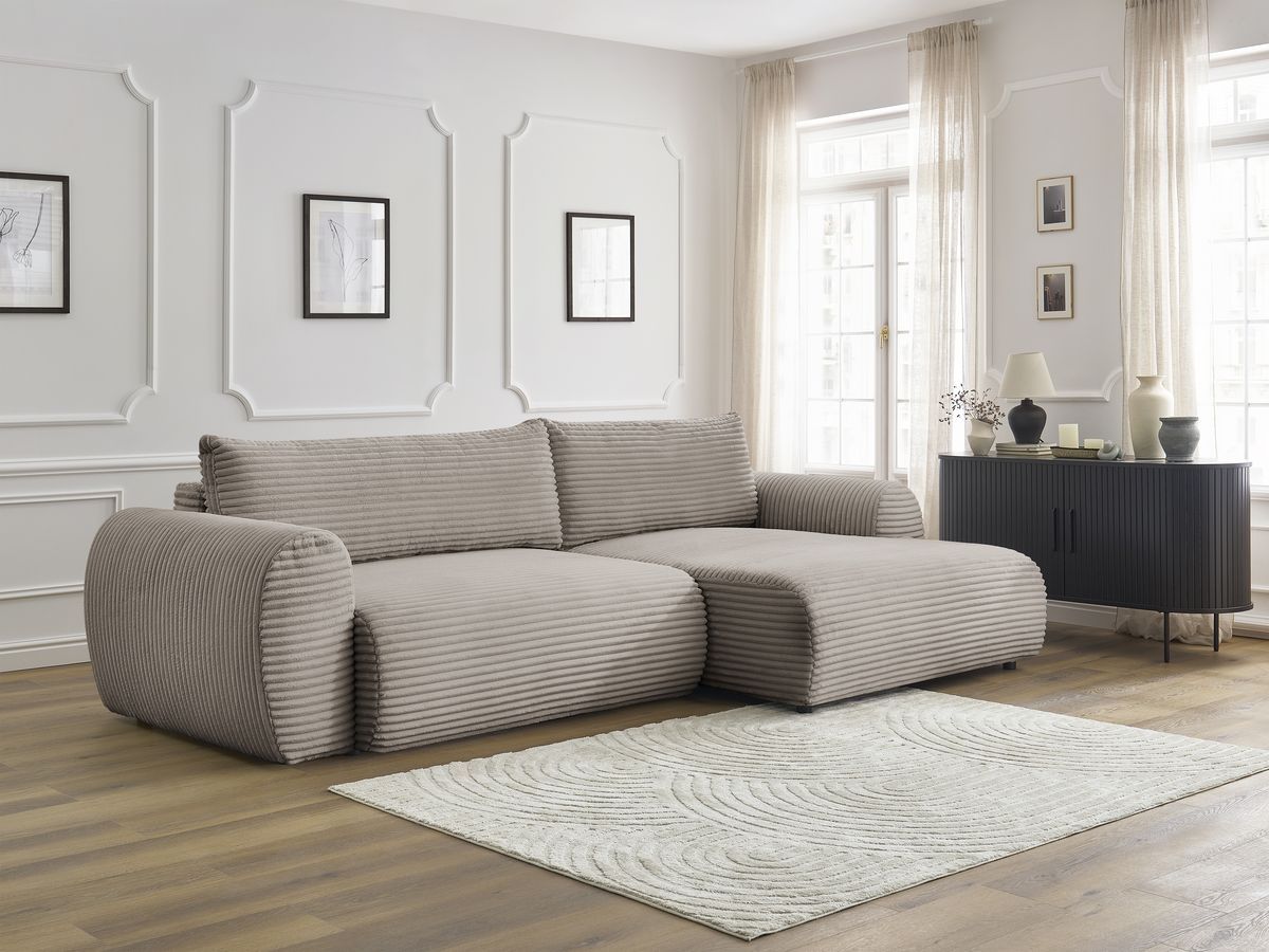 Bobochic Lucien Ecksofa mit Schlaffunktion und Bettkasten 314 × 167 cm Breitcord weich Taupe Ecke rechts