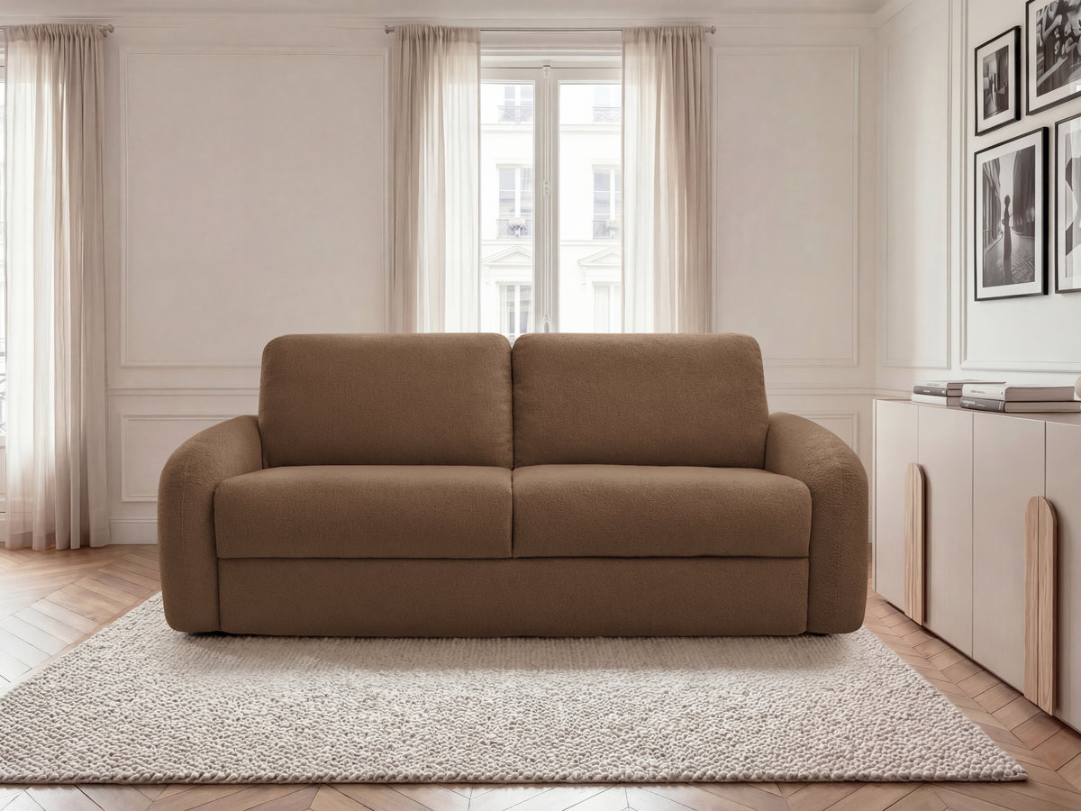 Bobochic Kenan Schlafsofa 3-Sitzer Bouclé-Stoff Braun, Liegefläche 140 × 196 cm