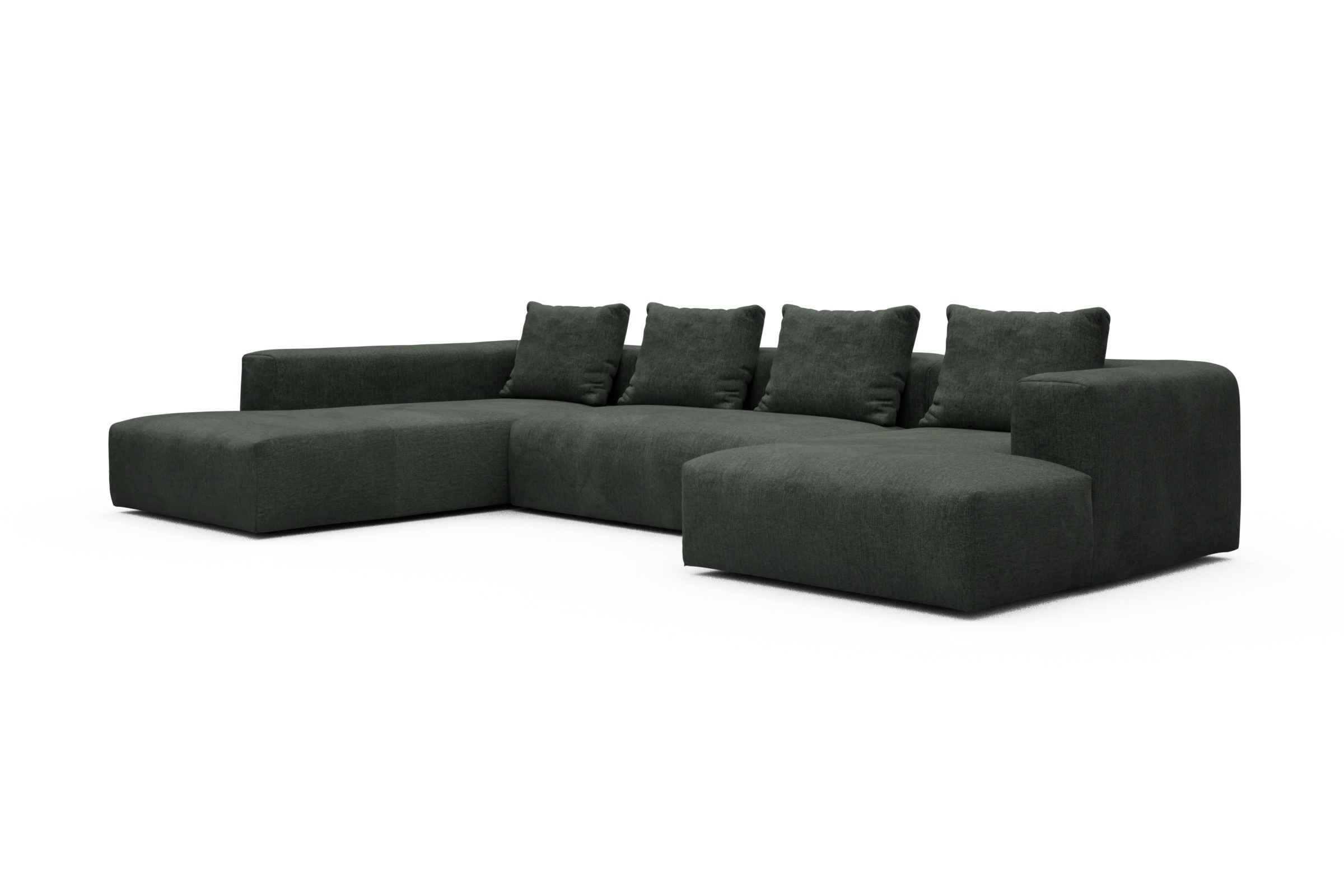 Wohnlandschaft Fred Relax-Ecke links mit 2-Sitzer und Chaiselongue rechts Boucle Aivi 818-Pine-Green