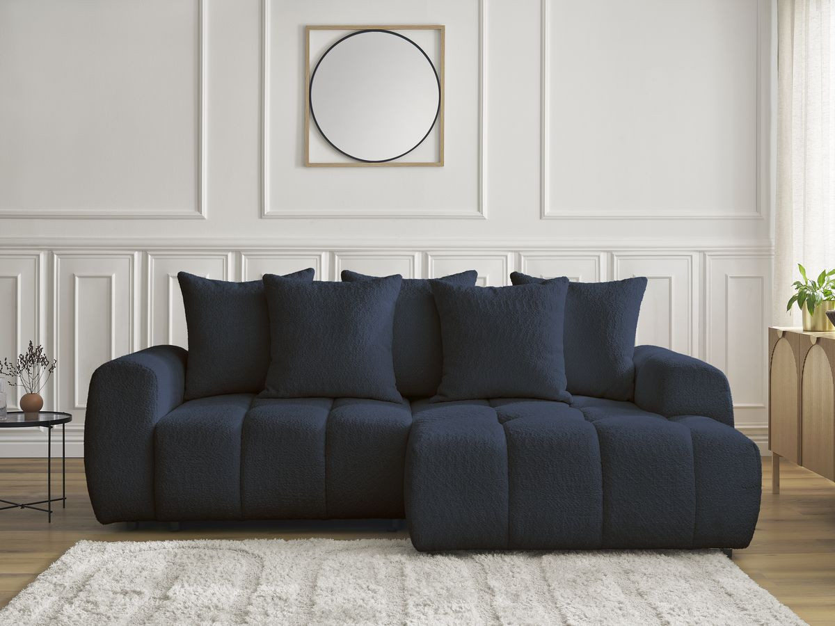 Bobochic Roxelane Ecksofa mit Schlaffunktion und Bettkasten 258 × 150 cm Bouclé-Stoff Dunkelblau Ecke rechts