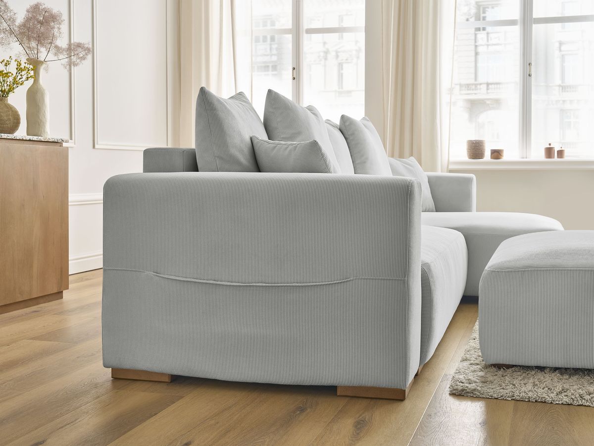 Bobochic Sidonie Ecksofa mit Schlaffunktion und Bettkasten und Pouf Cordsamt Hellgrau