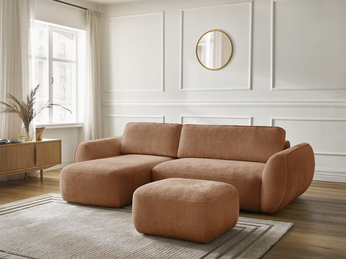 Bobochic Denise Ecksofa mit Schlaffunktion und Bettkasten und Pouf 258 × 160 cm Strukturstoff Orange Ecke links