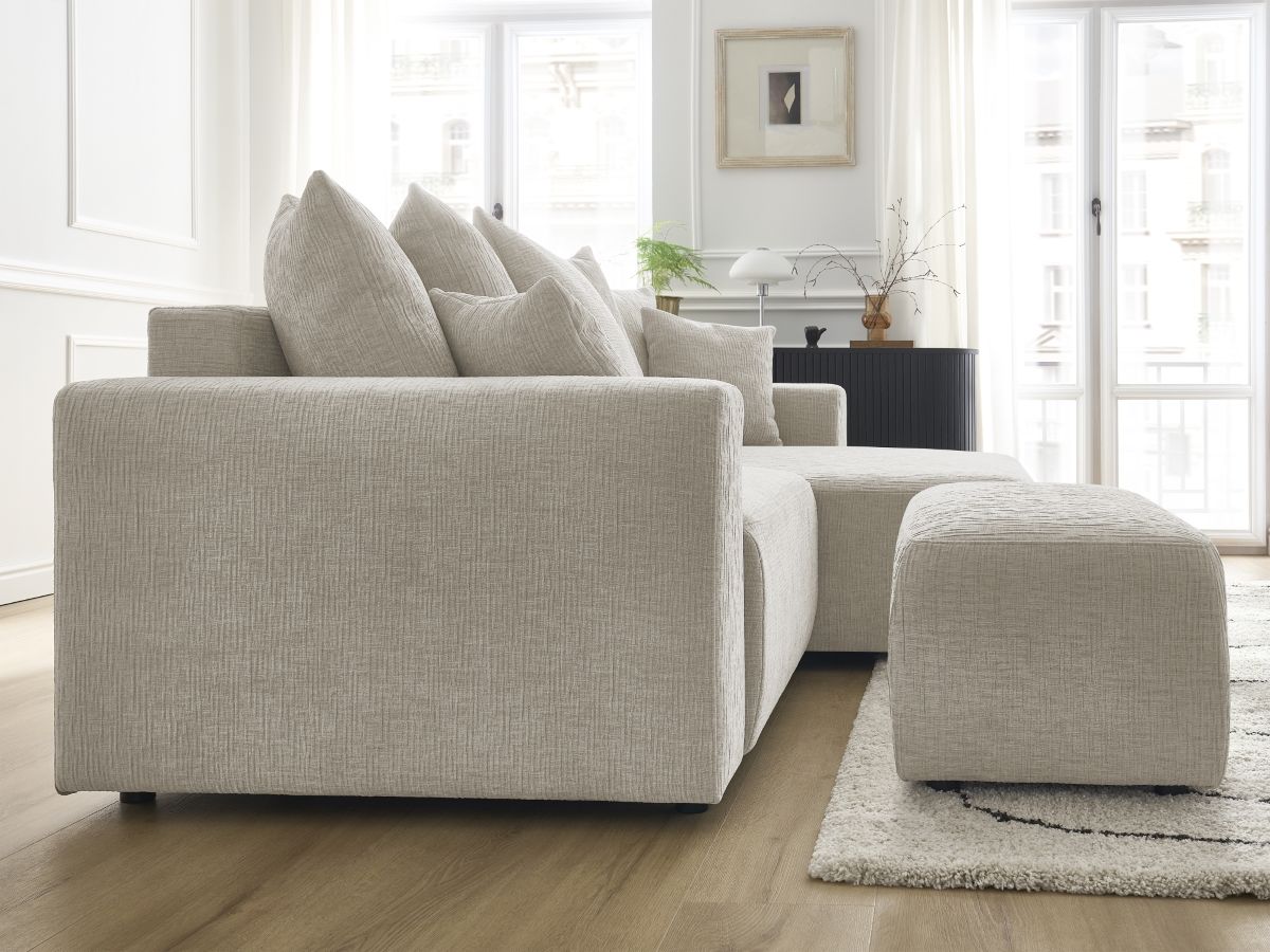 Bobochic Atilla Ecksofa mit Schlaffunktion und Bettkasten und Pouf Strukturstoff Beige Ecke rechts