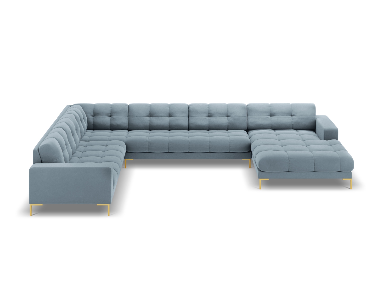 Cosmopolitan Design Panoramasofa Bali 7-Sitzer 327 cm Samt Bluvel Hellblau Links Beine Gold