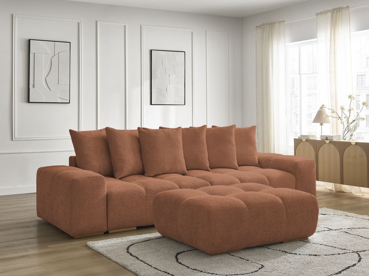 Bobochic Anakin Sofa 3-Sitzer mit Pouf, 6 Kissen Bouclé-Stoff Orange
