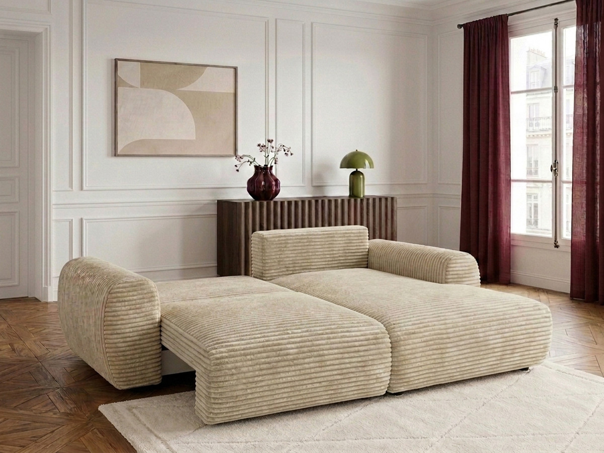 Bobochic Lucien Ecksofa mit Schlaffunktion und Bettkasten Breitcord weich Beige Ecke rechts
